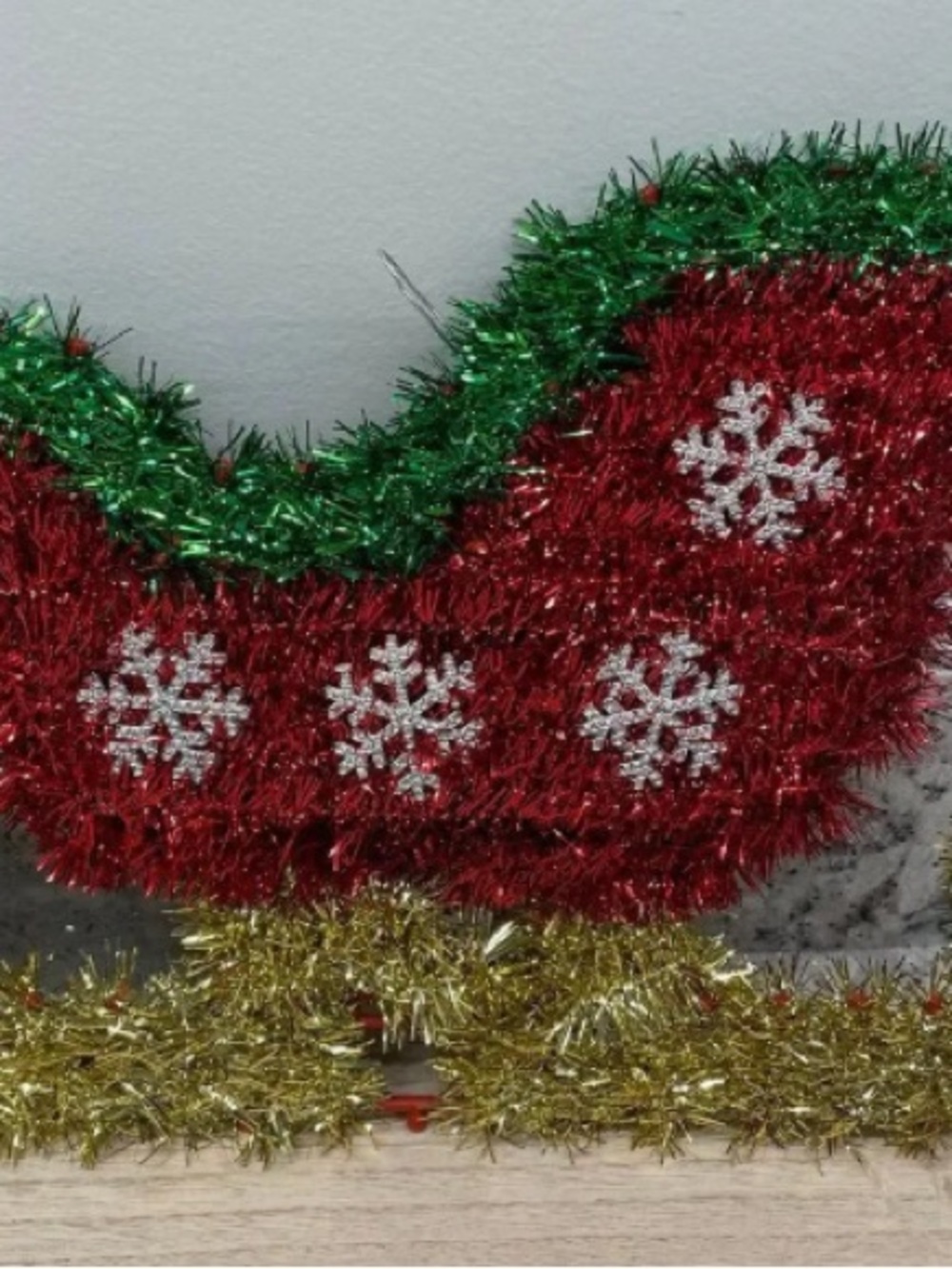 Festive Red and Green Holiday Tinsel Garland with Silver Snowflakes